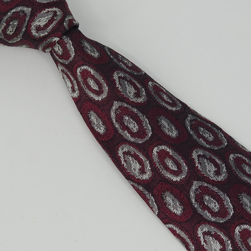 Gianni Versace Geometric Oval Silk Tie Mens Burgundy Silver Italy Neiman Marcus - Picture 1 of 6